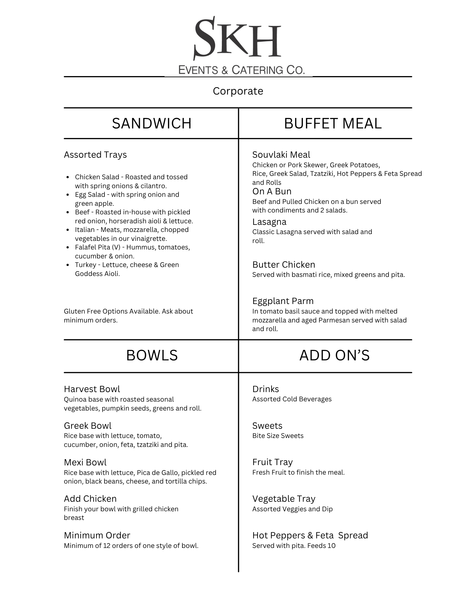 SKH Corporate Menu